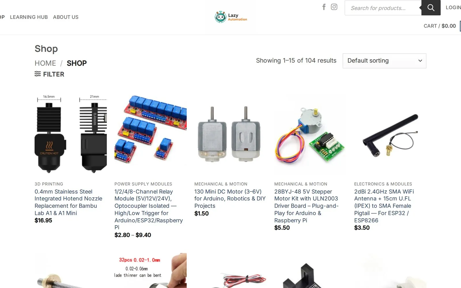 The Lazy Automation online shop showing a grid of maker parts — a hotend nozzle, relay modules, DC motors, a stepper motor kit and a WiFi antenna — with prices in Australian dollars.