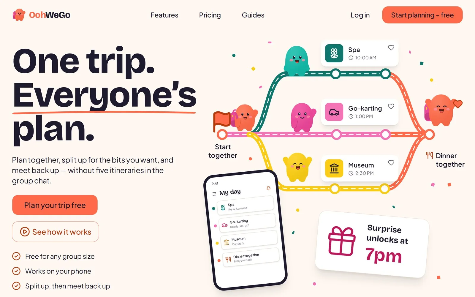 The OohWeGo home page — “One trip. Everyone's plan.” — with an illustrated route where friends split up for a spa, go-karting and a museum, then meet back up for dinner.