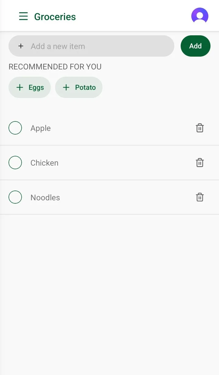 Pattlist's Groceries list on Android, with “Recommended for you” suggestions for eggs and potatoes above the items apple, chicken and noodles.